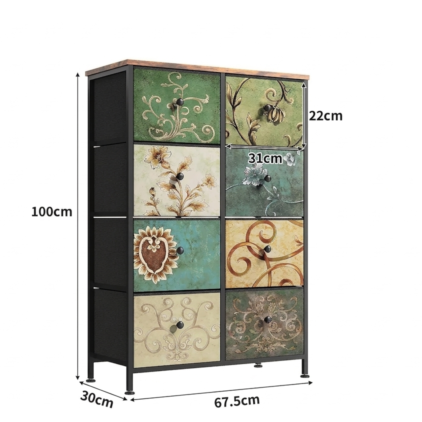 Ladekast - 8 Lades - Vintage Bloemenprint - Metalen Frame