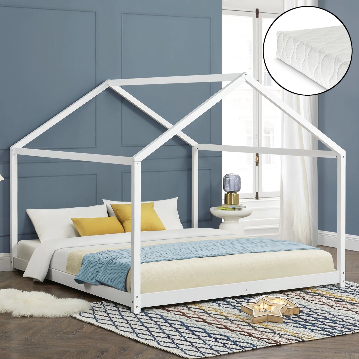 In And OutdoorMatch Kinderbed Rodney - Huisbed - Met Matras - Met Lattenbodem - 180x200cm - Wit - Snelle Montage bed twee personen