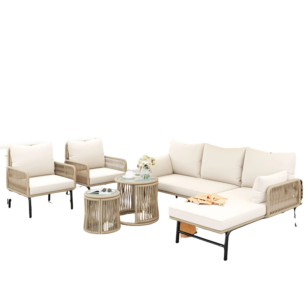 5-Persoons Lounge Set - 2 stoelen - Hoekbank - Bijzettafels - Beige