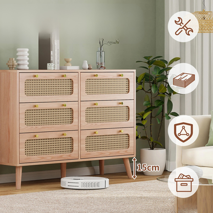 Houten Dressoir - 6 Laden - Natuurlijk Hout