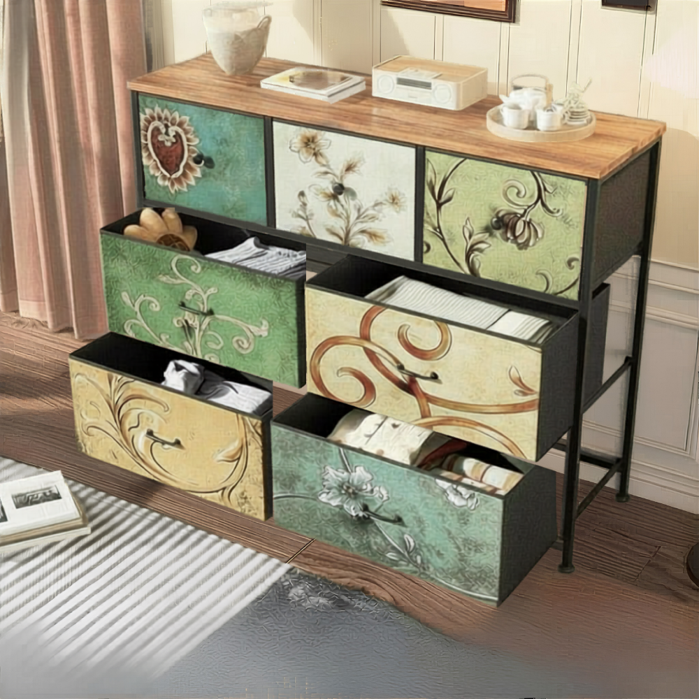 7- Delige Kast - Vintage Patroon Houten Uitstraling- Zwart Frame - Slaapkamer - Woonkamer