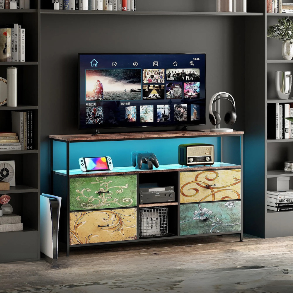 Houten TV Kast - 4 Laden & 1 Open Schelf - LED Verlichting - Verstelbaar IJzeren Frame