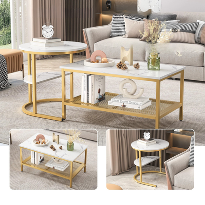 Salontafel Set - 2-Delig - Rond En Rechthoekig - Wit En Goud
