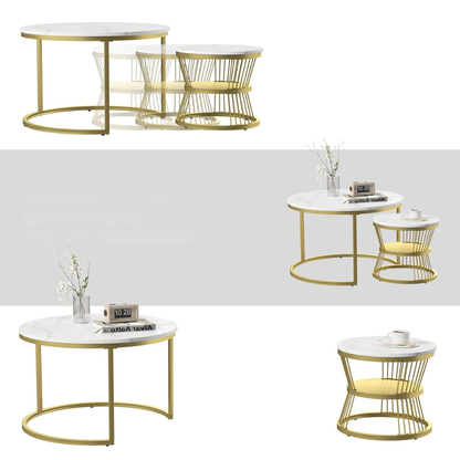 Salontafel - Wit Tafelblad - Zwarte Metalen Frame - Marmeren Patroon