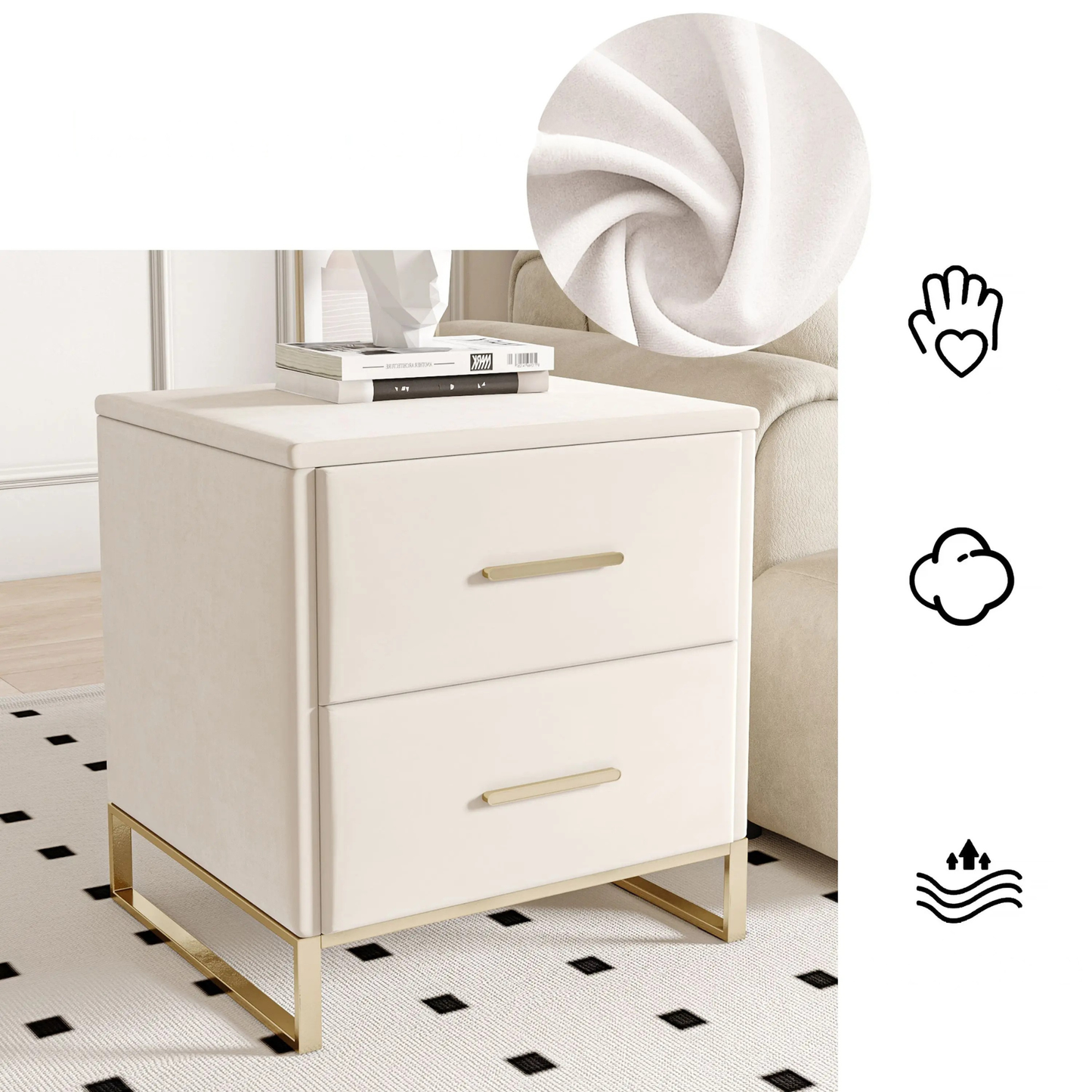 Nachtkastjes - Set van 2 - Velours bekleding - Gebroken Wit