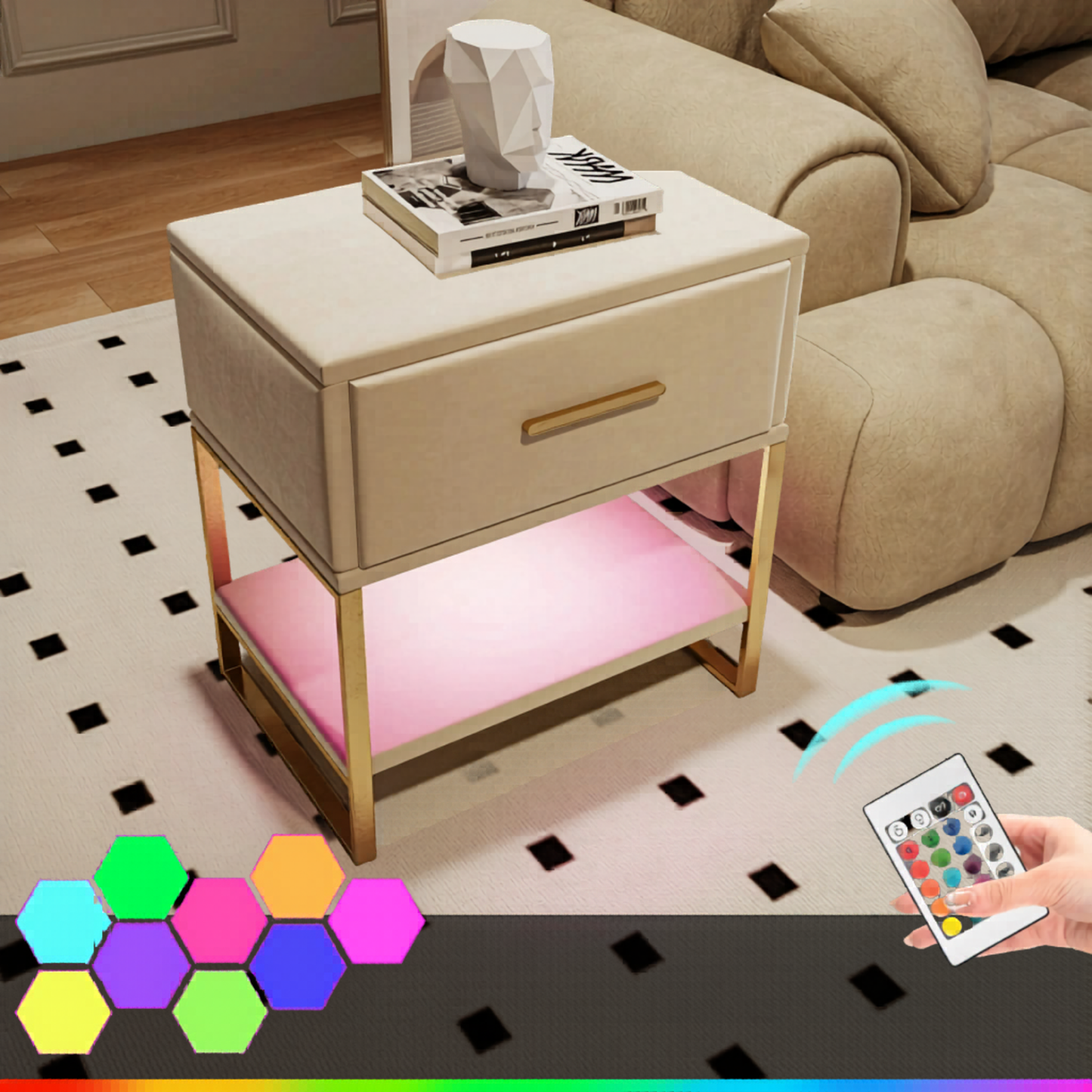 Velours Nachtkastje met LED verlichting - 2-delige Set - Crème