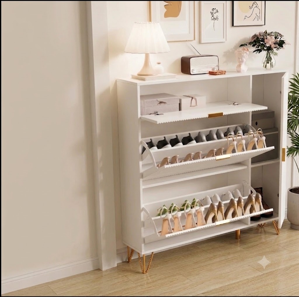 Houten Schoenenkast - 3 Vakken - Wit met Gouden Accenten, Modern Design