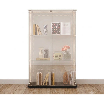 Glazen Vitrinekast - 3 Glazen Planken, Dubbele Deuren, LED-verlichting, 53 × 10 × 60 cm