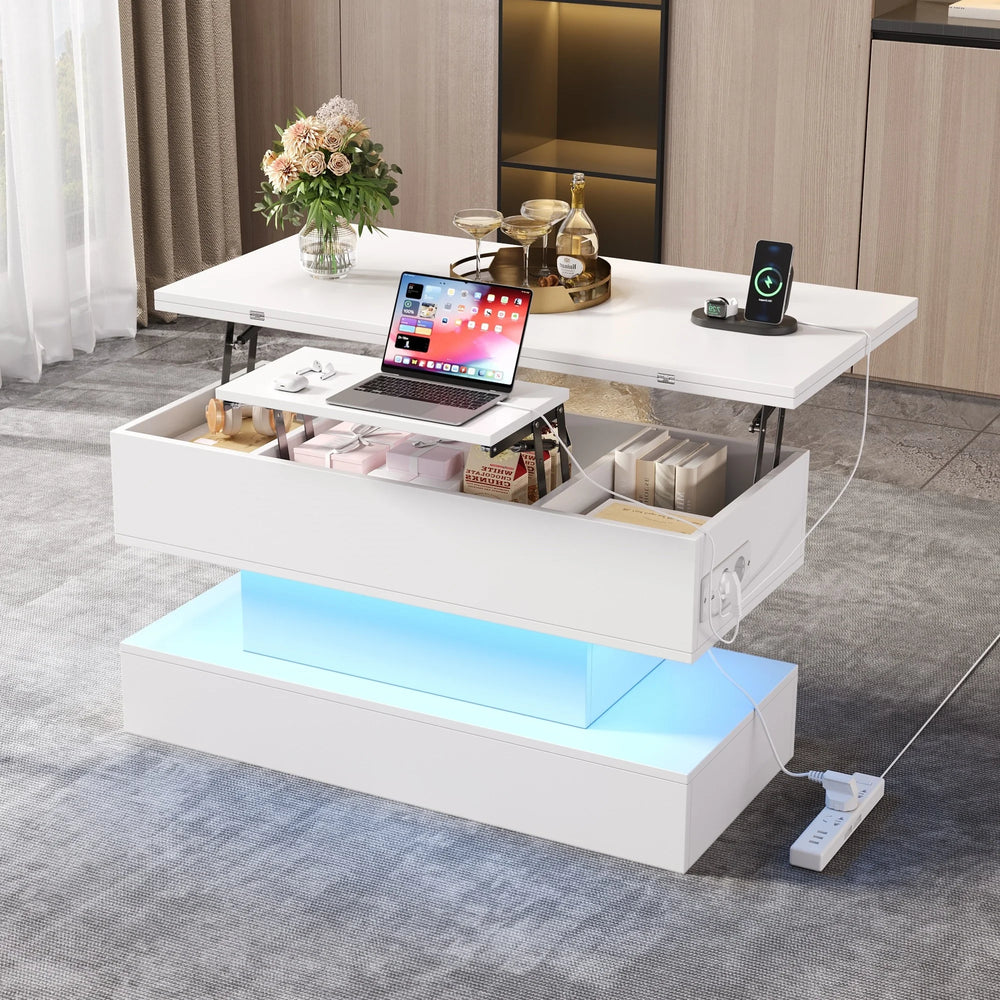 Coffee table with LED, socket & USB-C, Lift & height adjustable living room table with storage space, multifunctional sofa table & side table