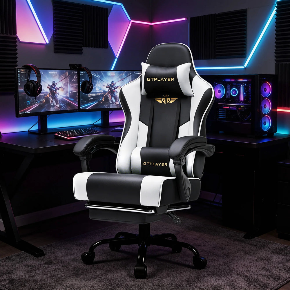 GTPLAYER Gaming chair Chair Gamer armchair-Ergonomic Gamer chair Height Adjustable Padded Gaming chair with Footrest Headrest and Lordo Support