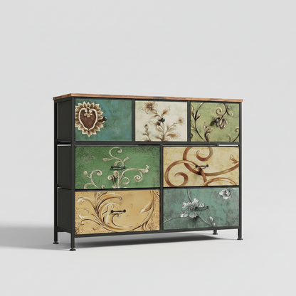 7- Delige Kast - Vintage Patroon Houten Uitstraling- Zwart Frame - Slaapkamer - Woonkamer