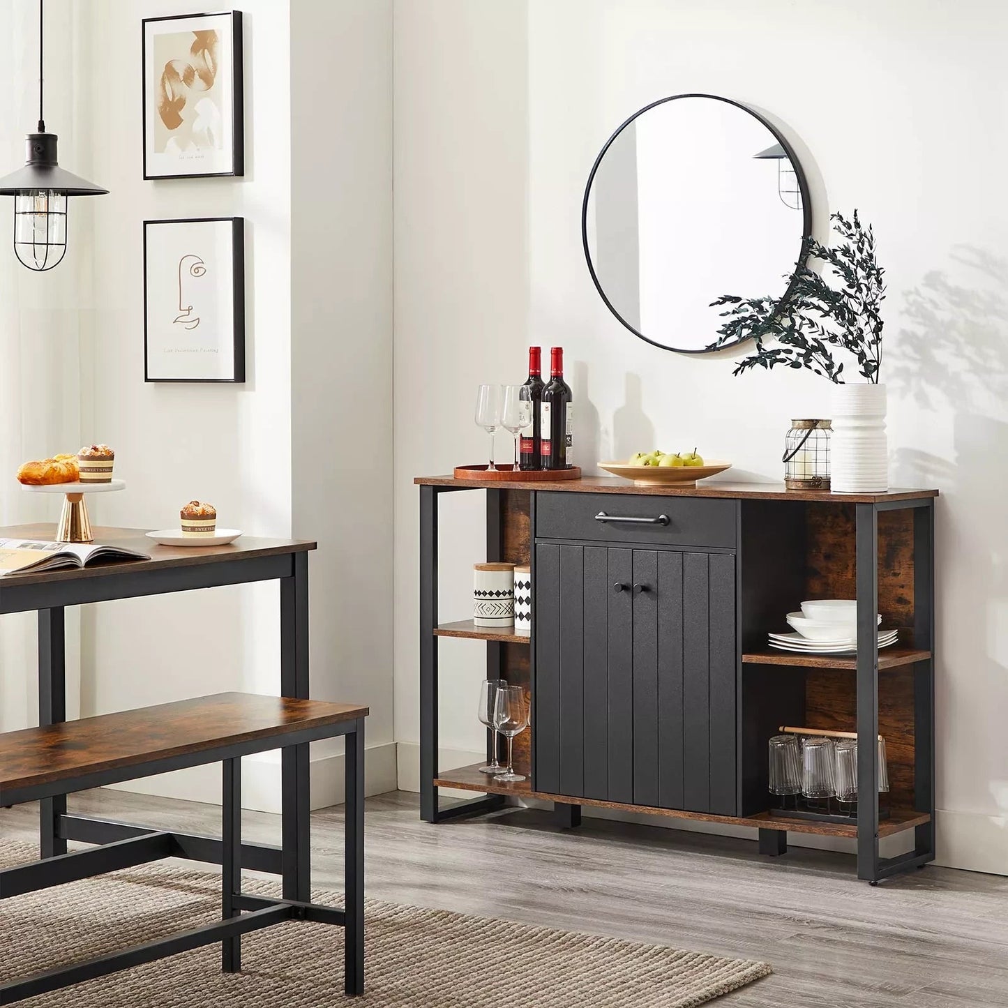 In And OutdoorMatch Dressoir Bethany - Keuken - Kast met Lade - Bijzetkast - Met Deurtjes - Multifunctionele Kast - Metalen Frame - Voor Woonkamer - Eetkamer - Hal - Vintage Bruin/Zwart Kast