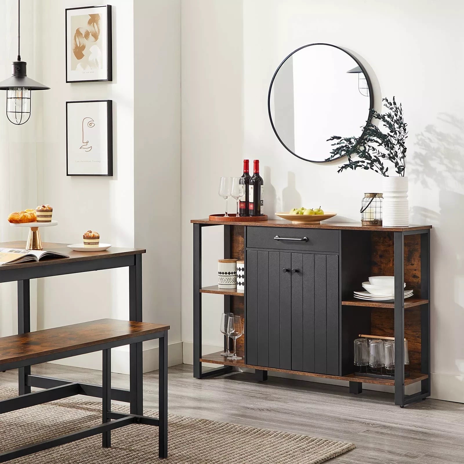 In And OutdoorMatch Dressoir Bethany - Keuken - Kast met Lade - Bijzetkast - Met Deurtjes - Multifunctionele Kast - Metalen Frame - Voor Woonkamer - Eetkamer - Hal - Vintage Bruin/Zwart Kast