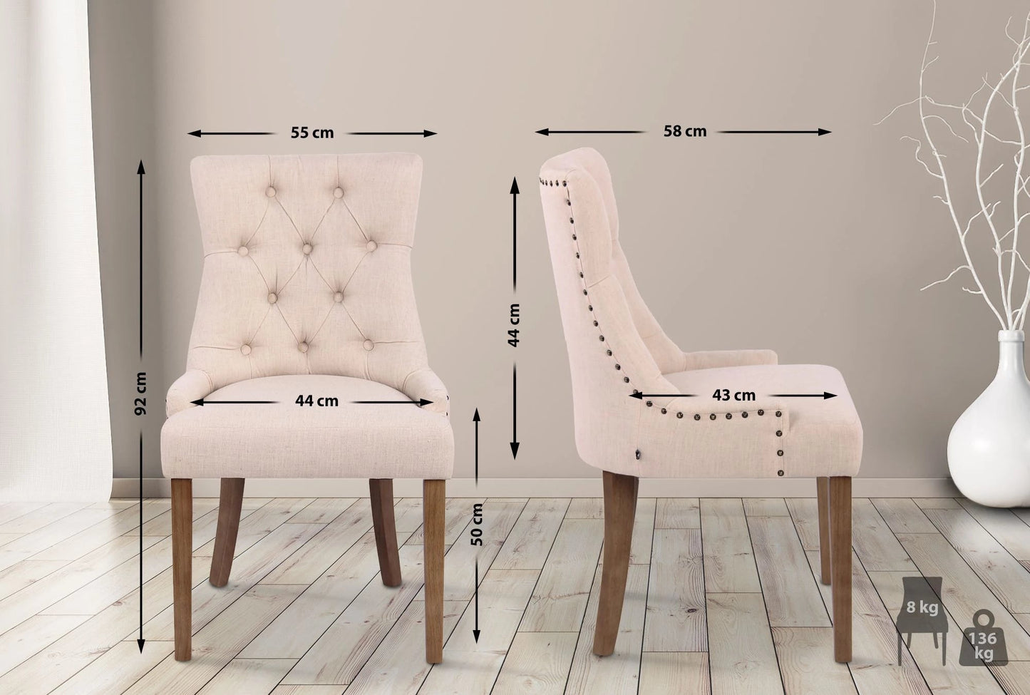 In And OutdoorMatch Eetkamerstoel Merlyn - Beige - Eetkamerstoel - Stof - Hoge kwaliteit bekleding - Vintage stijl stoel - Luxe eetkamerstoel Eetkamerstoel