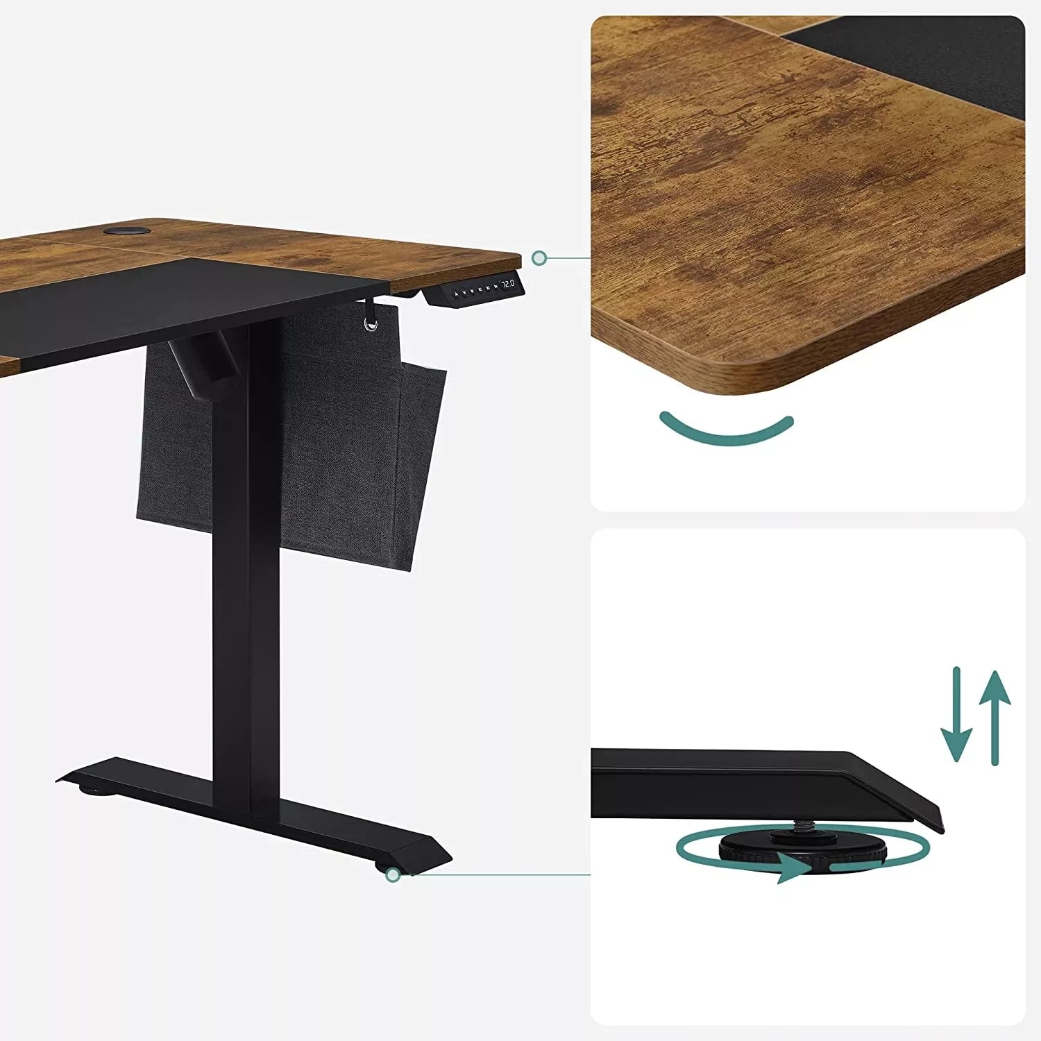 In And OutdoorMatch In Hoogte Verstelbaar Bureau Dorian - Elektrisch - Traploos Verstelbaar - Gedeeld Werkblad - 4 Opberghoogtes - Stoffen Tas - 120x60x(72-120)cm - Gemaakt van Staal - Vintage Bruin/Zwart Desk