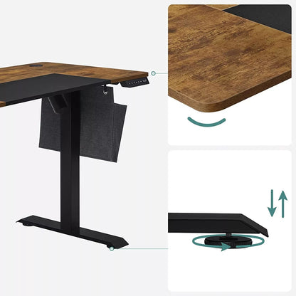 In And OutdoorMatch In Hoogte Verstelbaar Bureau Dorian - Elektrisch - Traploos Verstelbaar - Gedeeld Werkblad - 4 Opberghoogtes - Stoffen Tas - 120x60x(72-120)cm - Gemaakt van Staal - Vintage Bruin/Zwart Desk