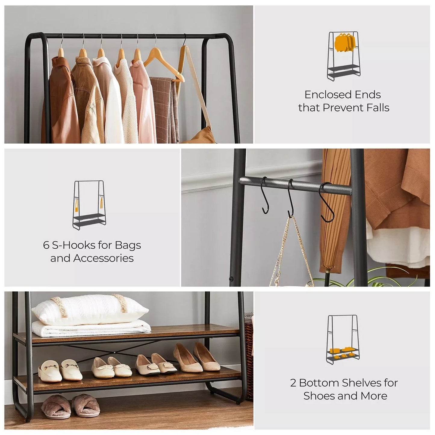 In And OutdoorMatch Kledingrek Callie - Kapstok - Kledingkast - 2 planken - 6 S-vormige haken - Stalen Frame - Industrieel Design - Vintage Bruin/Zwart Kapstok