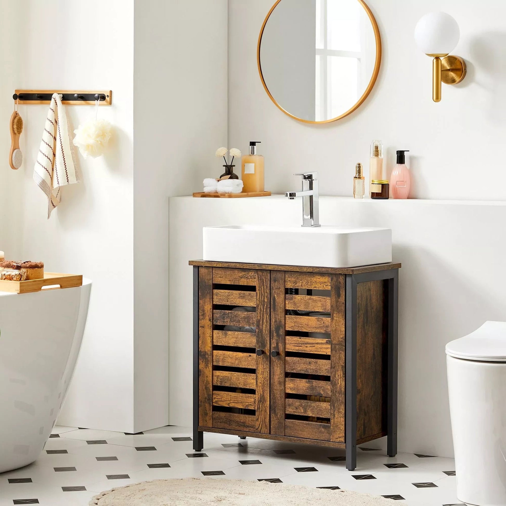 In And OutdoorMatch Wastafelmeubel Frederick - Badkamermeubel - 60x30x60cm - Stalen Frame - Opbergkast - Met 2 Lattendeuren - Verstelbare Plank - Industrieel Design - Vintage Bruin/Zwart Badkamerkast