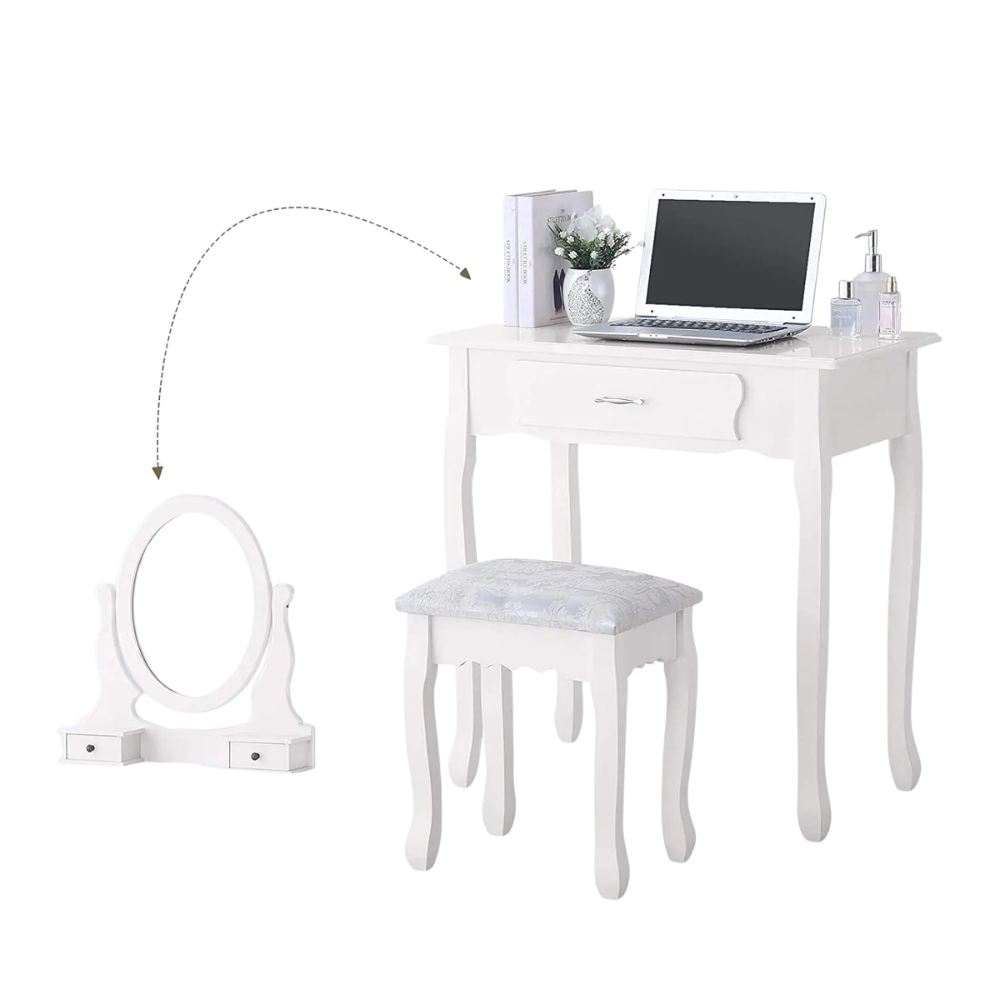 Make-up Tafel - Set met Spiegel en Stoel - 3 Laden - Wit