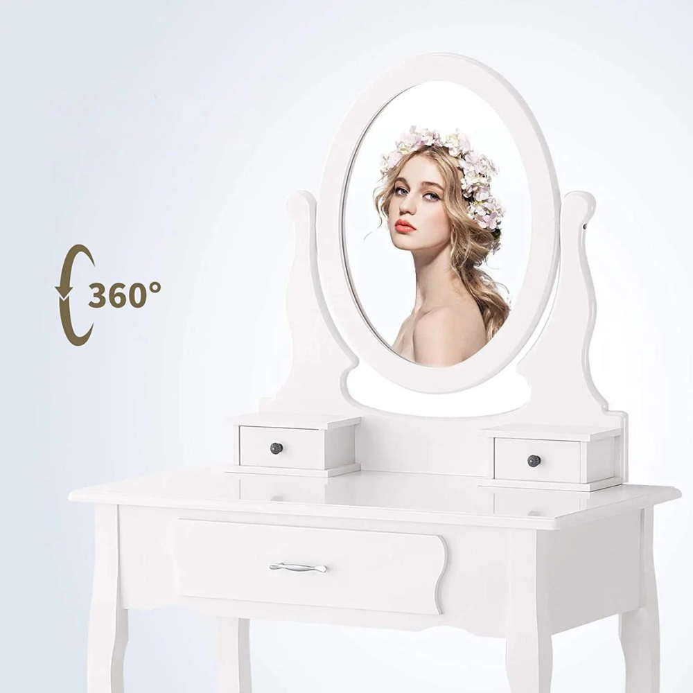 Make-up Tafel - Set met Spiegel en Stoel - 3 Laden - Wit