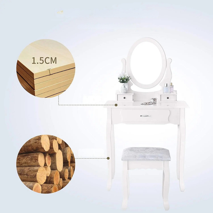 Make-up Tafel - Set met Spiegel en Stoel - 3 Laden - Wit