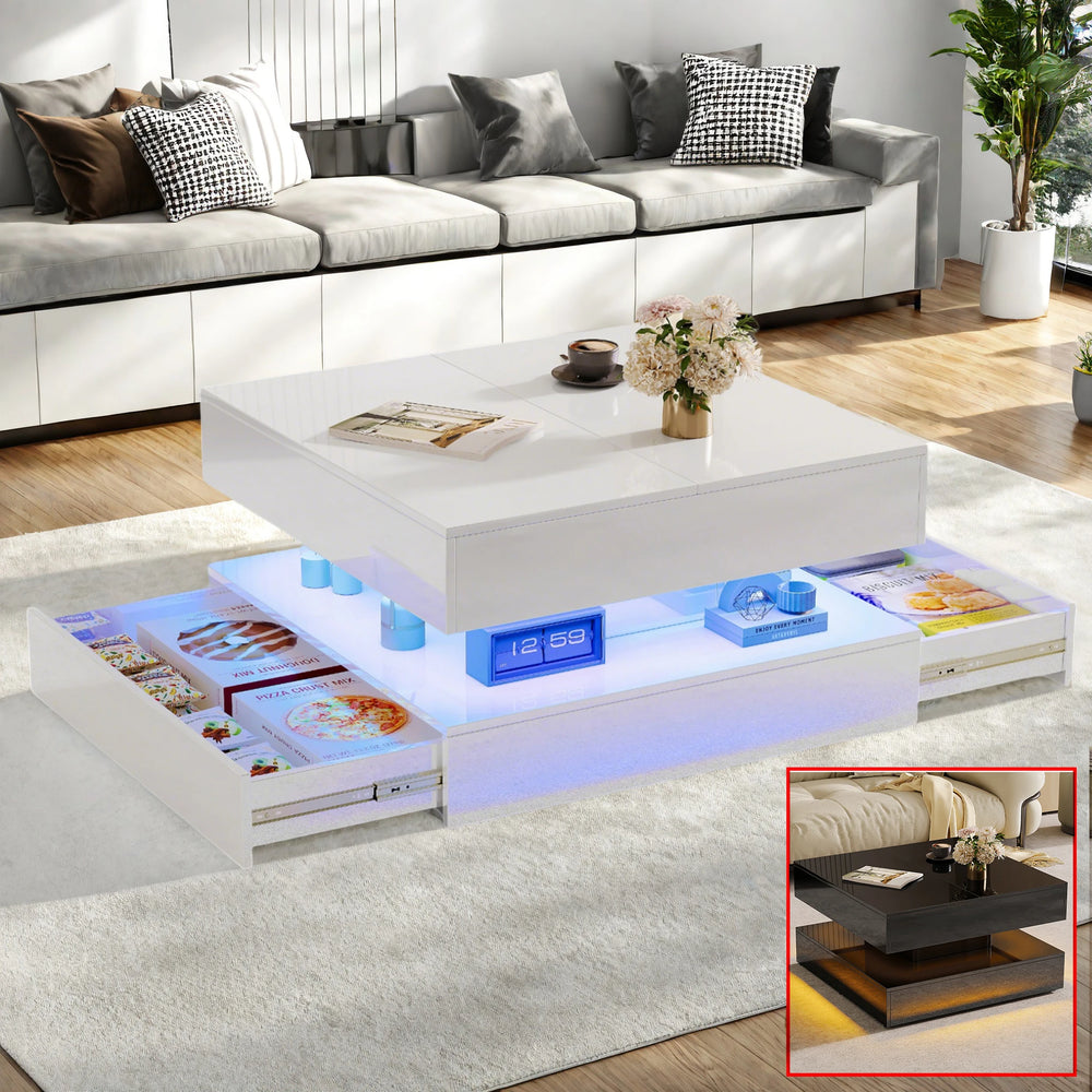 Hoogglans Salontafel - RGB LED-verlichting, 2 Laden, 53 × 53 × 30 cm, Wit/Zwart