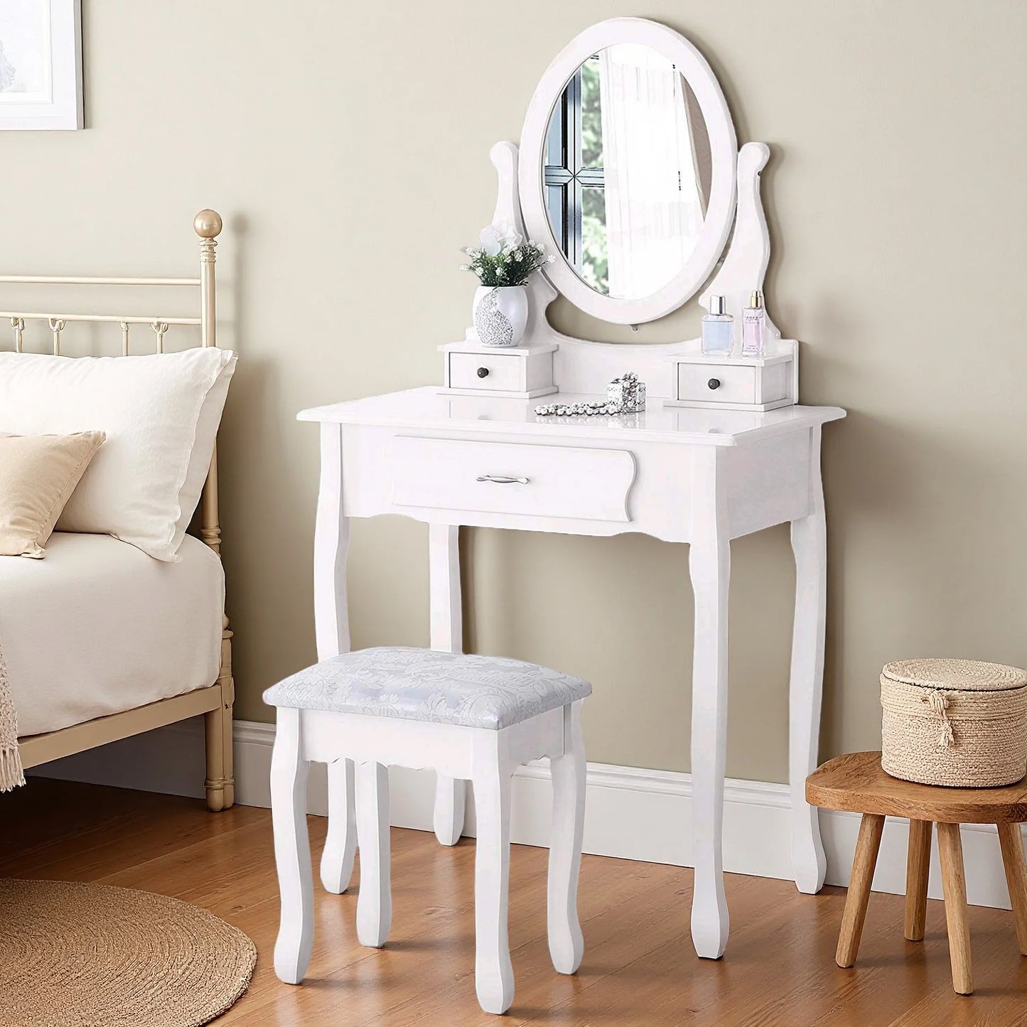 Make-up Tafel - Set met Spiegel en Stoel - 3 Laden - Wit