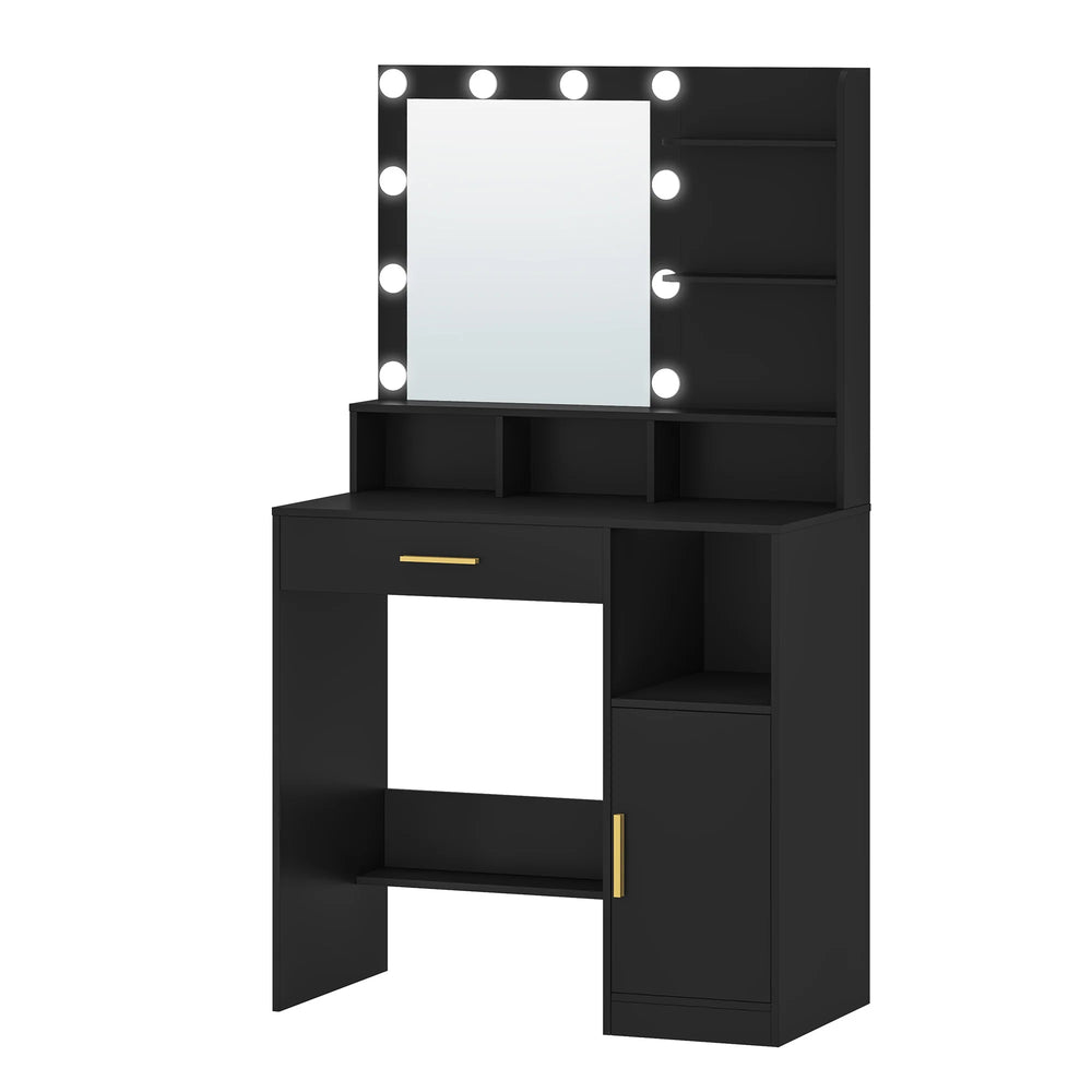 Hzuaneri Dressing Table with Mirror and 10 LED Lights, Vanity Unit with 3 Shelves & 4 Open Compartments, with Large Drawer
