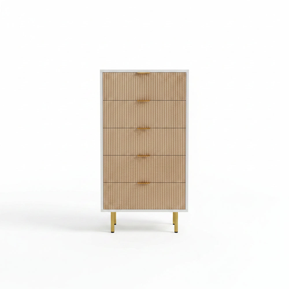 Moderne Ladekast met 5 Laden – Wit & Houtlook- Gouden Details