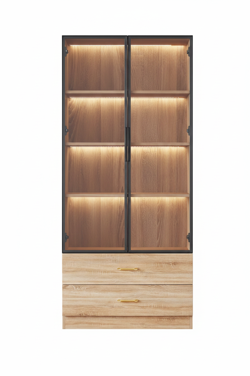 Glazen Kast met LED Stripverlichting - 2 Grote Lades & 2 Deuren