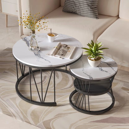 Metalen Frame Bijzettafelset - Marmerlook - 50x50cm, Wit