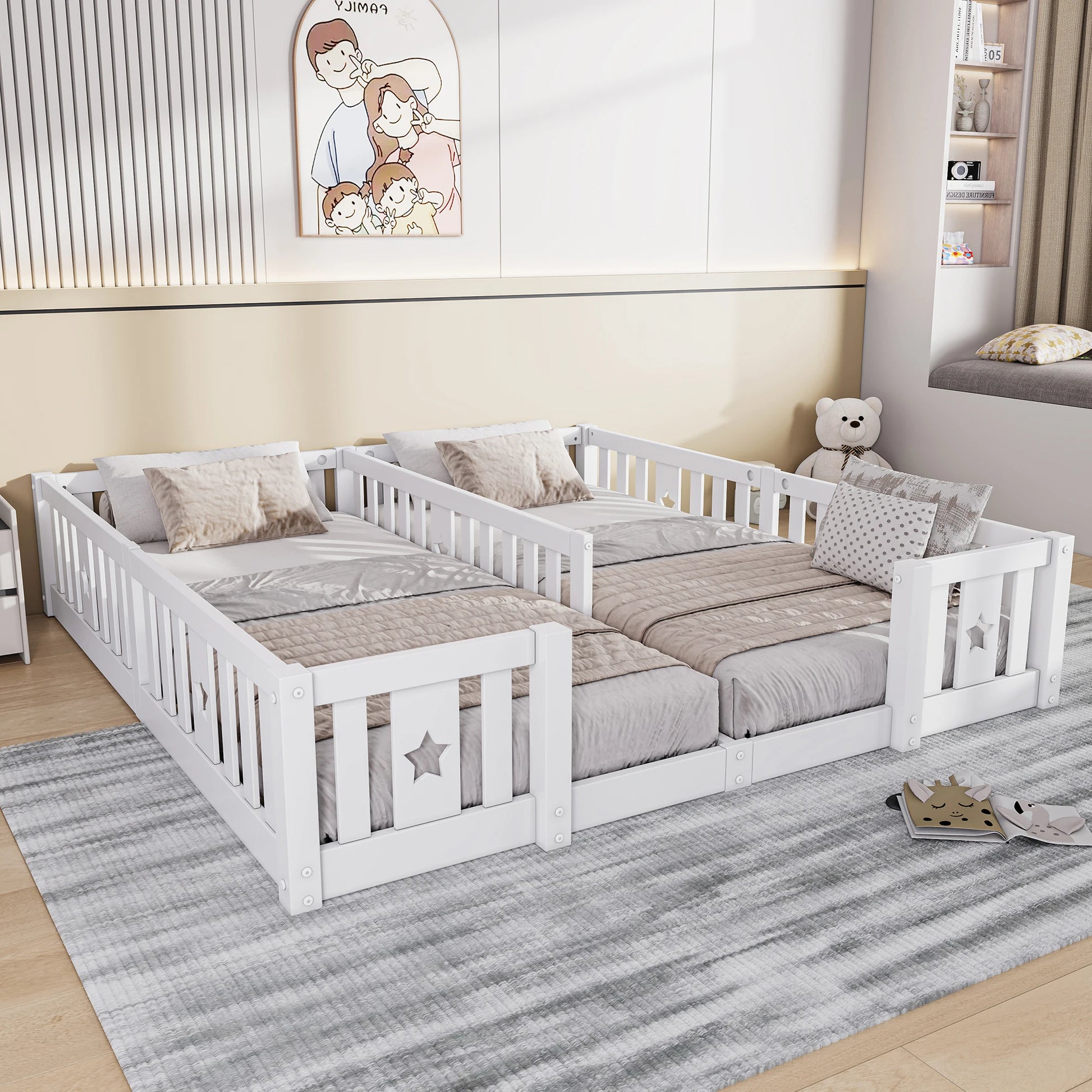 Houten Vloerbed met Speelhekken - 2 Pakketten - 53x10x60cm, Grijs/Wit