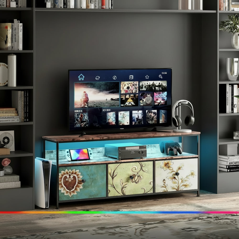 TV-meubel - 137cm - Met LED-verlichting & 3 stoffen laden