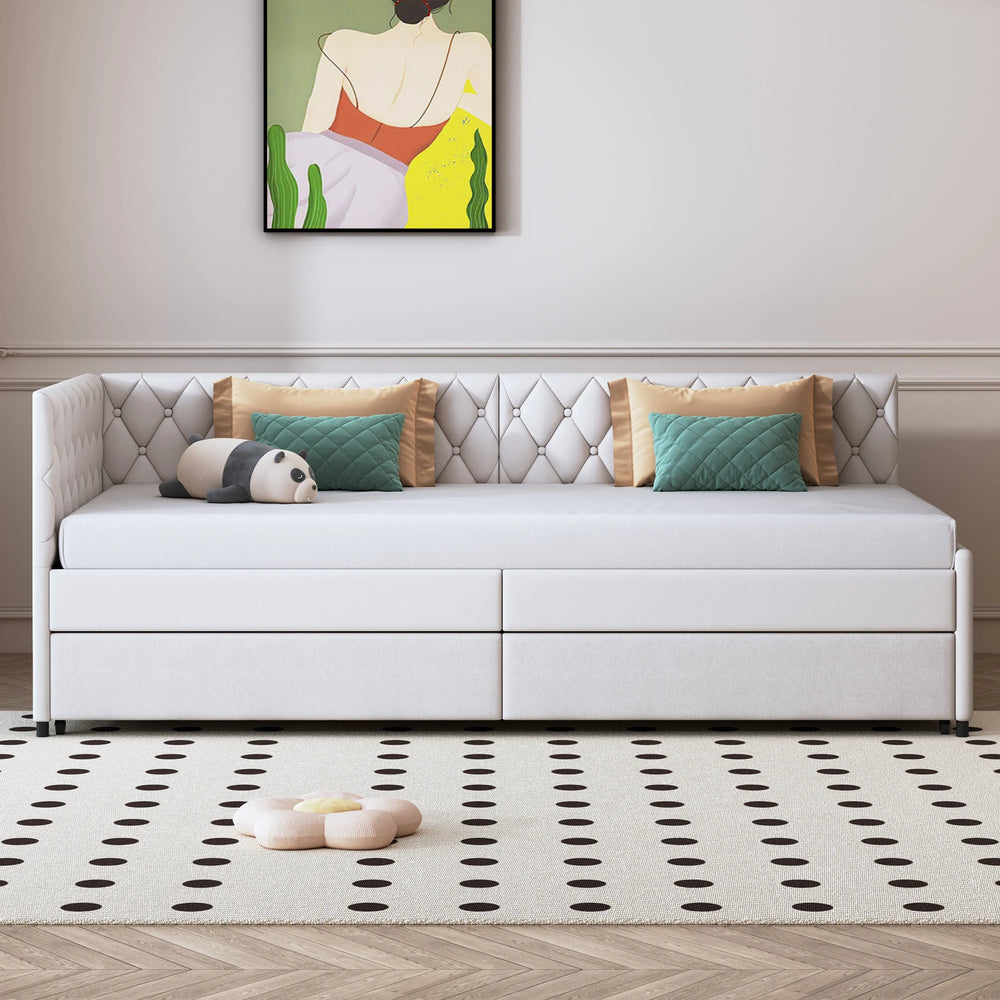 Velours Slaapbank - Uitschuifbaar, Inclusief 12 cm Matras - Grijs/Wit, 200 × 96 cm