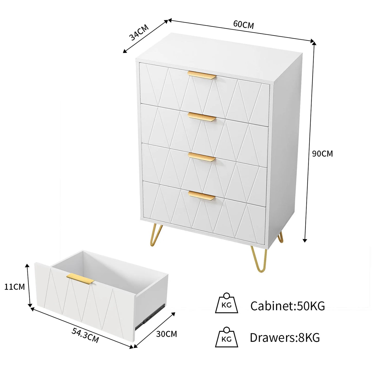 Houten Ladekast - 4 Laden - Witte Houtlook, 60 × 34 × 90 cm
