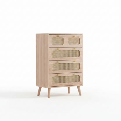 Dressoir met 5 Laden - Rattan Details - Ruime Opbergruimte - Kaki