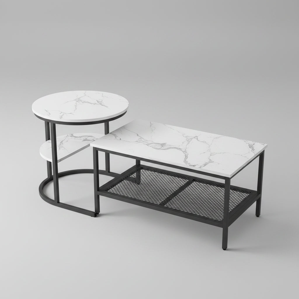 Salontafel Set - 2-Delig - Rond En Rechthoekig - Zwart En Wit