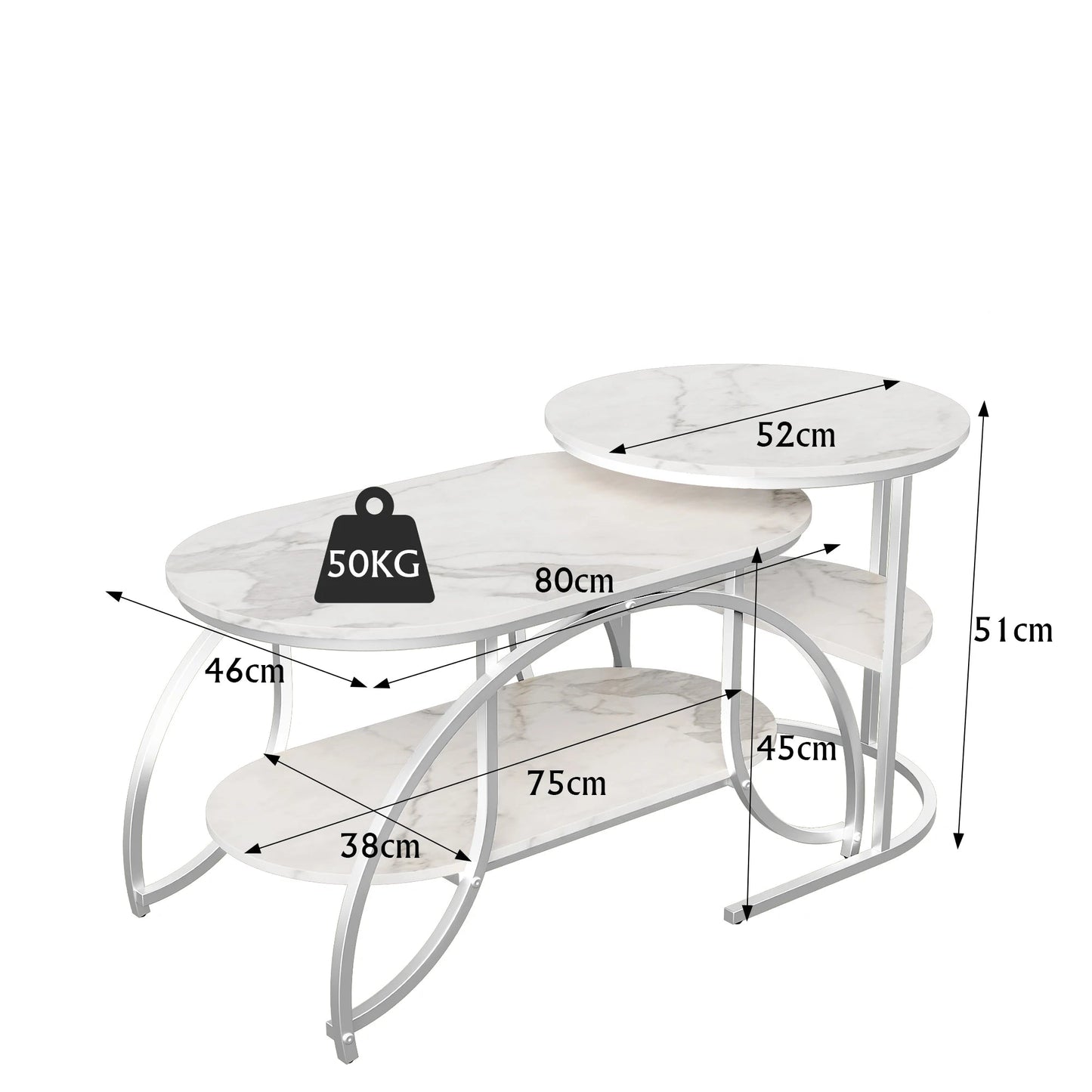Salontafel Set - 2-Delig - Marmerlook Tafelblad - Zilveren Frame