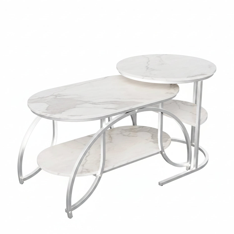 Salontafel Set - 2-Delig - Marmerlook Tafelblad - Zilveren Frame
