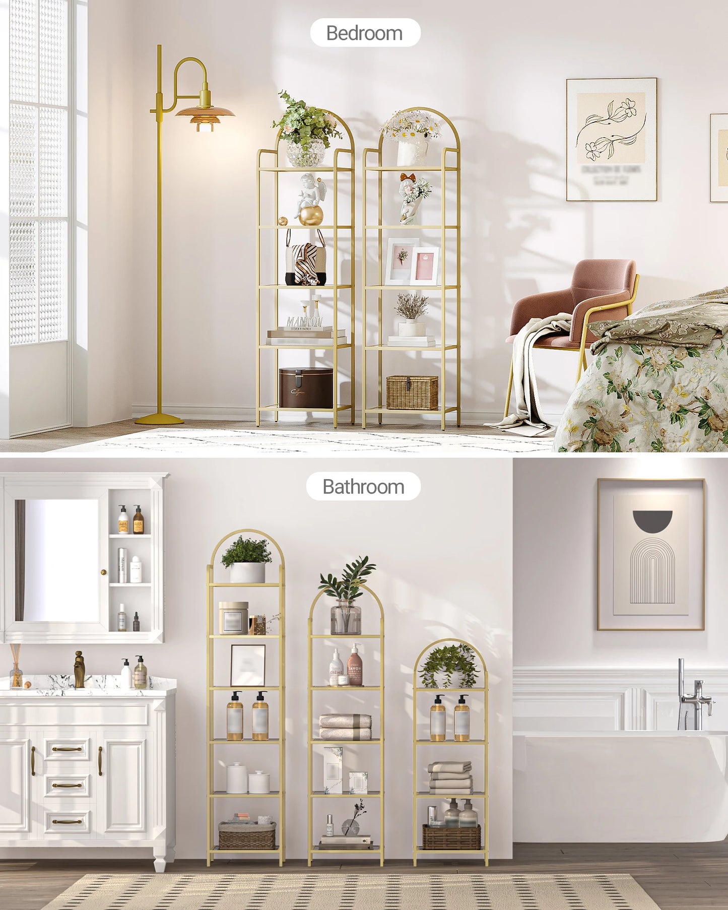 Bookcase Bookshelf, Tempered Glass Bookshelves, Slim Shelving Unit for Bedroom, Bathroom, Home Office, Steel Frame Gold