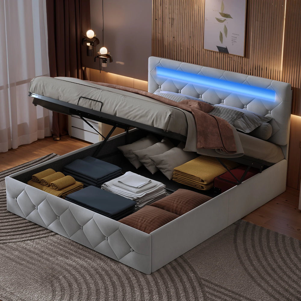 Gestoffeerd Bedframe met LED-verlichting & Opbergruimte - Hydraulisch, 140 × 200 cm of 160 × 200 cm