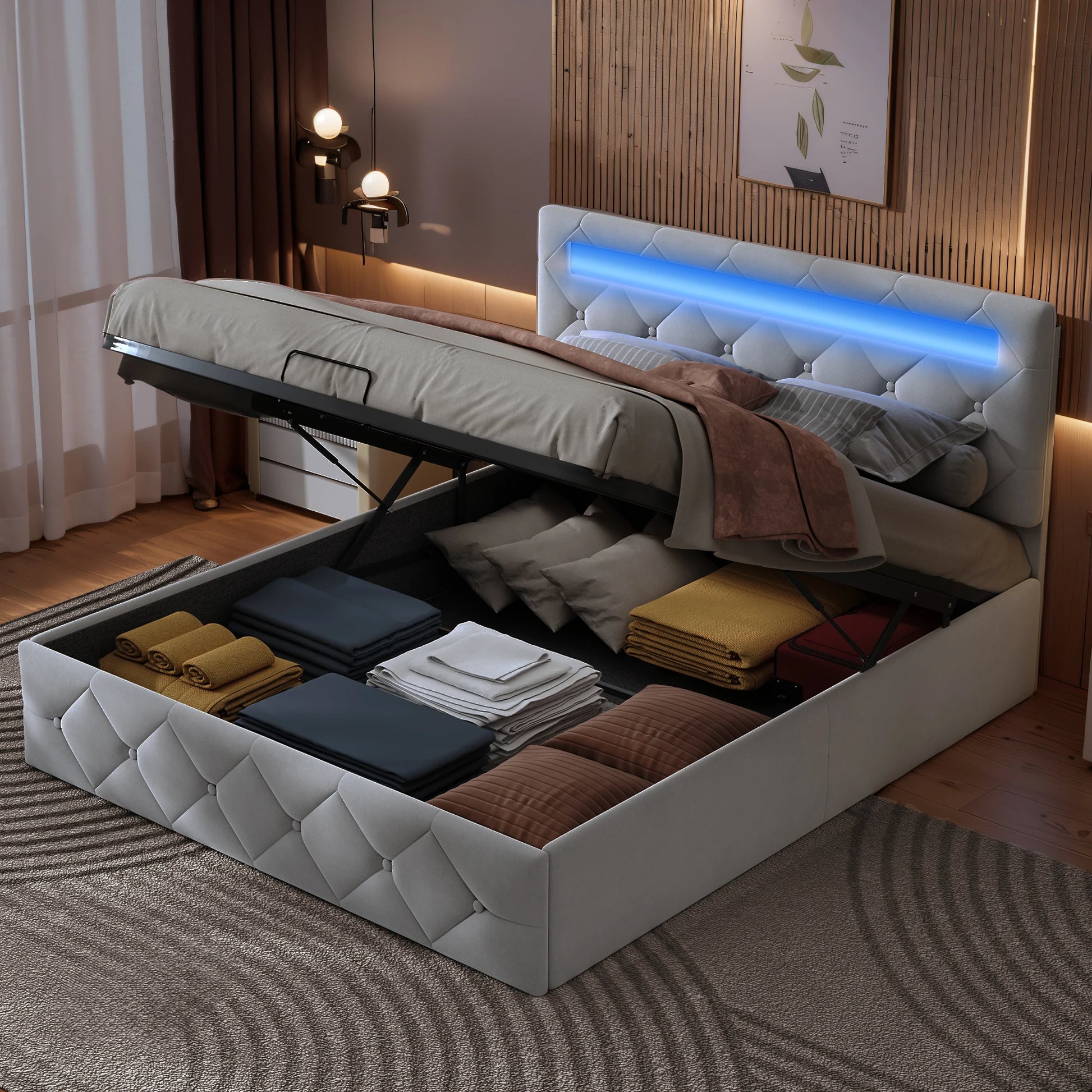 Gestoffeerd Bedframe met LED-verlichting & Opbergruimte - Hydraulisch, 140 × 200 cm of 160 × 200 cm