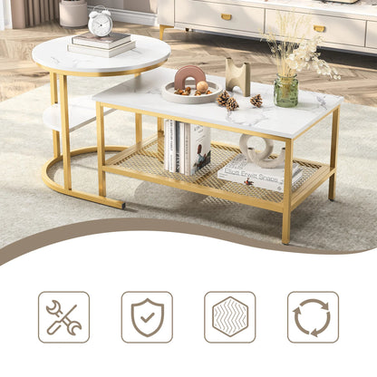 Salontafel Set - 2-Delig - Rond En Rechthoekig - Wit En Goud