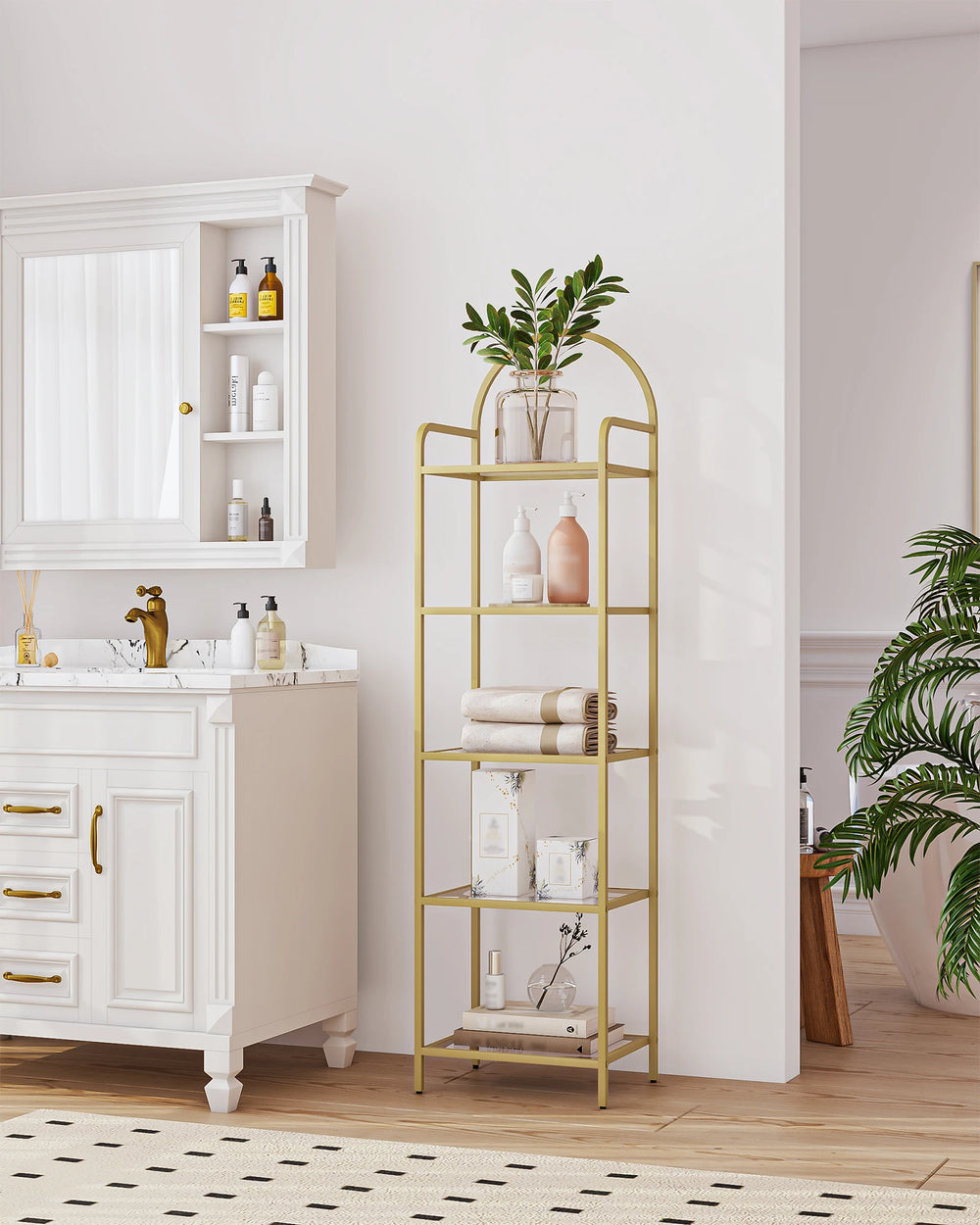 Bookcase Bookshelf, Tempered Glass Bookshelves, Slim Shelving Unit for Bedroom, Bathroom, Home Office, Steel Frame Gold