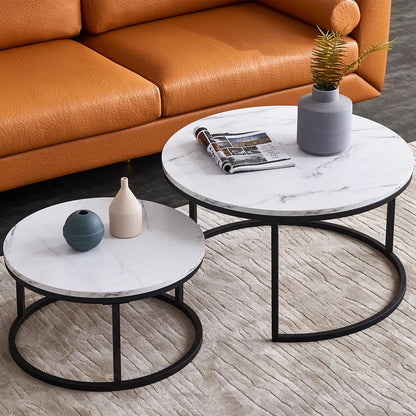 Salontafel Set - 2-Delig - Marmerlook Tafelblad - Metalen Frame