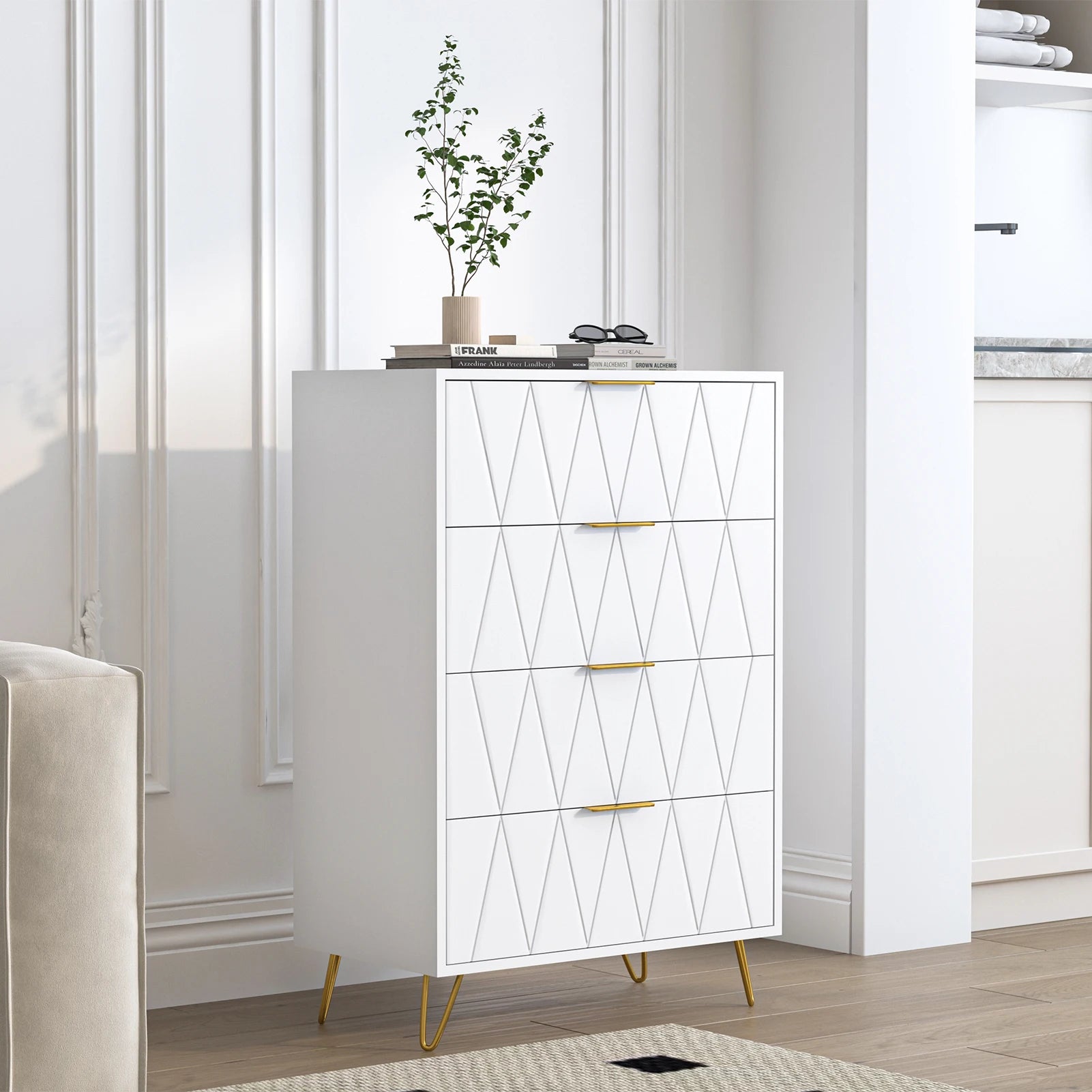 Houten Ladekast - 4 Laden - Witte Houtlook, 60 × 34 × 90 cm