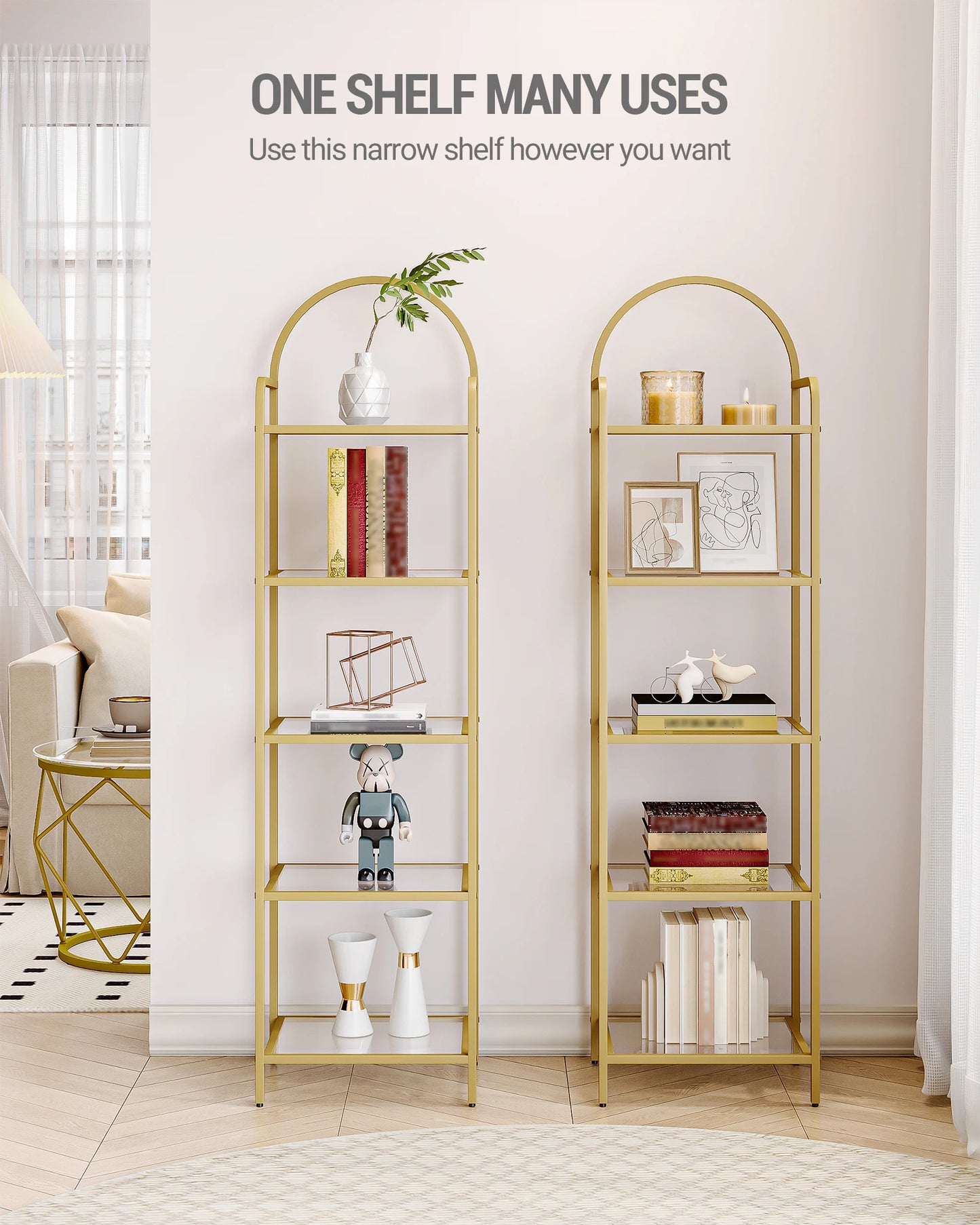 Bookcase Bookshelf, Tempered Glass Bookshelves, Slim Shelving Unit for Bedroom, Bathroom, Home Office, Steel Frame Gold
