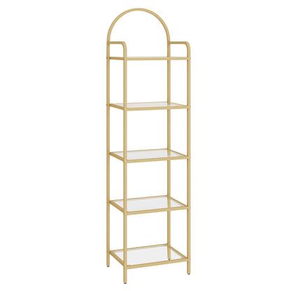 Bookcase Bookshelf, Tempered Glass Bookshelves, Slim Shelving Unit for Bedroom, Bathroom, Home Office, Steel Frame Gold