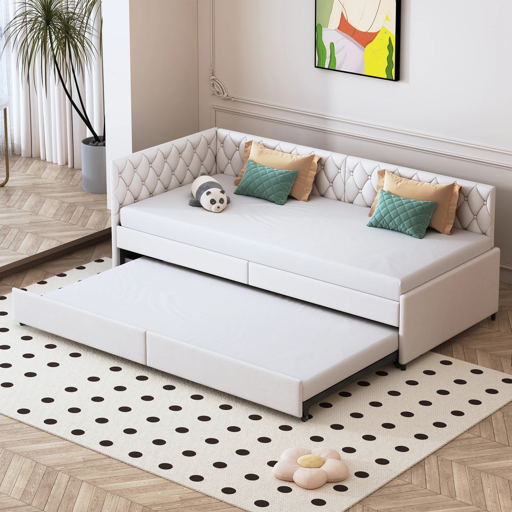 Velours Slaapbank - 90 × 200 cm, Inclusief 12 cm Matras - Grijs/Wit