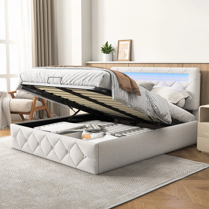 Gestoffeerd Bedframe met LED-verlichting & Opbergruimte - Hydraulisch, 140 × 200 cm of 160 × 200 cm